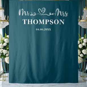 Deep Teal   Mr and Mrs Elegant Simple Backdrop Tapestry