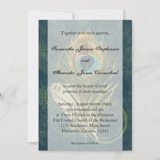Deep Teal Peacock Feather Wedding Invitations (Front)
