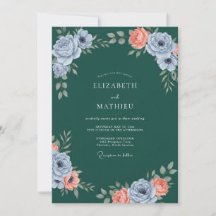 Deep Teal Periwinkle Ranunculus Eucalyptus Wedding Invitation