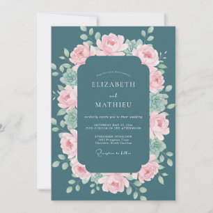 Deep Teal Pink Botanical Wedding Invitation