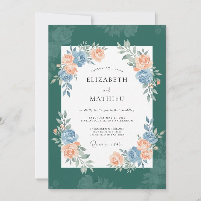 Deep Teal Romantic Botanical Wedding Invitation (Front)