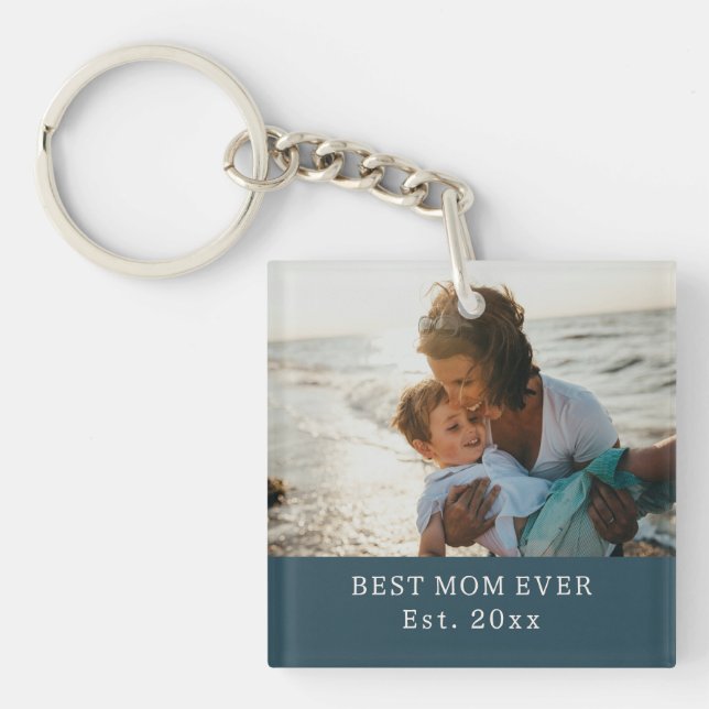 Deep Teal Script Established Best Mom Ever Custom  Keychain (Front)