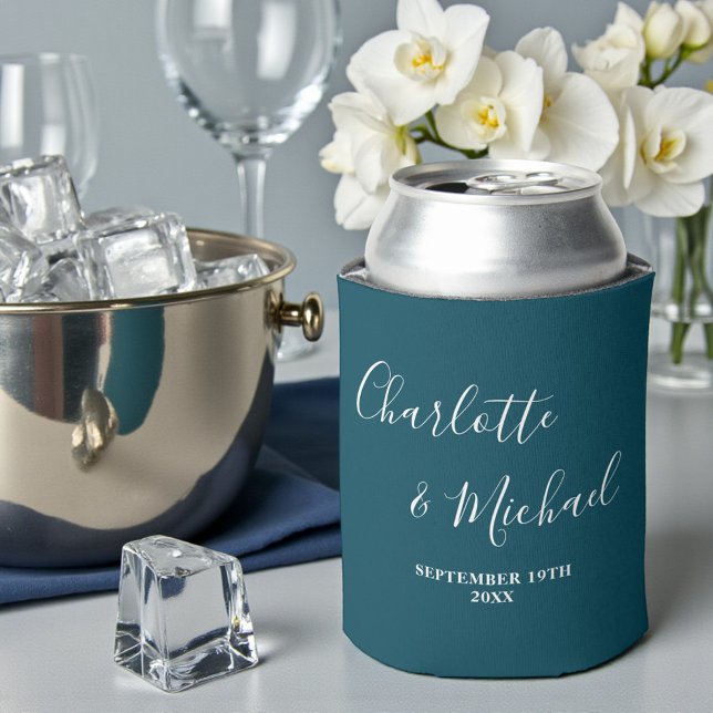 Deep Teal Script Minimalist Wedding Can Cooler (Creator Uploaded)