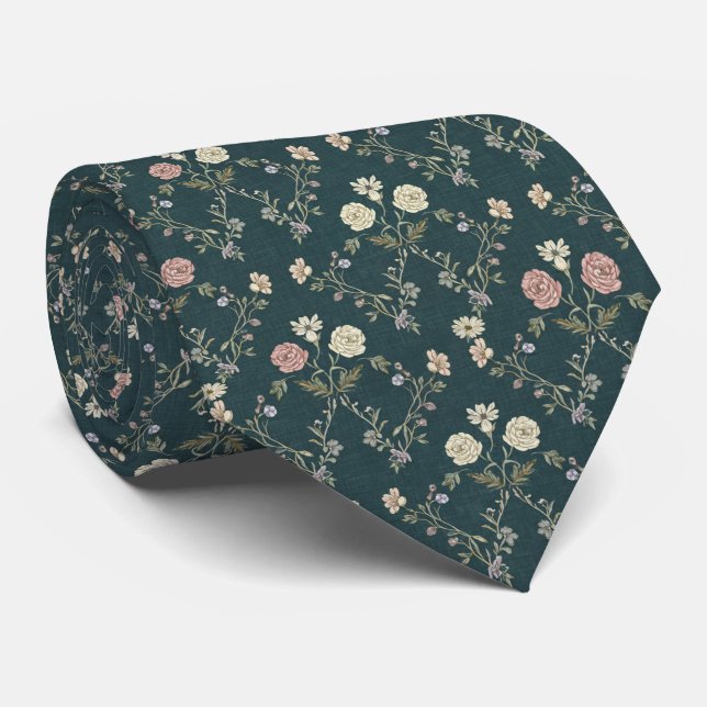 Deep Teal Vintage Floral Tie (Rolled)
