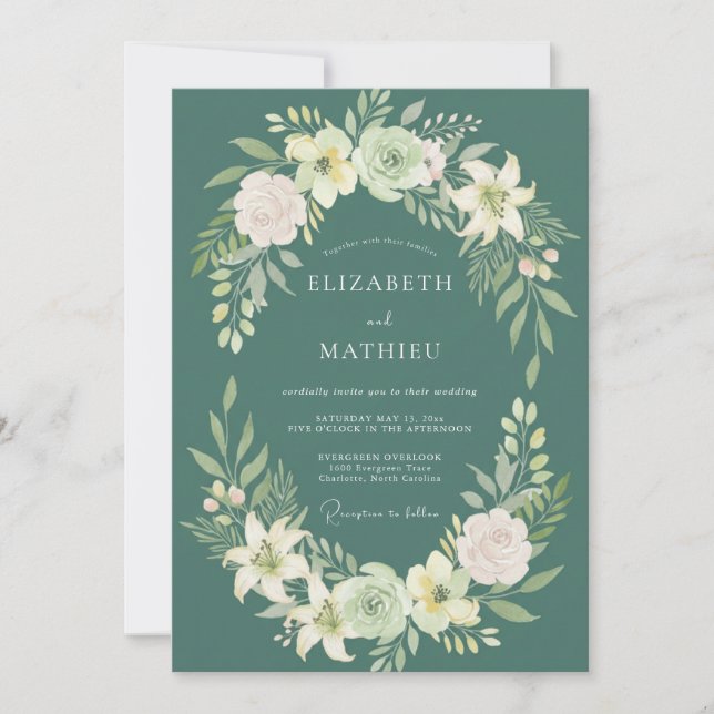 Deep Teal Wreath Wedding Invitation (Front)