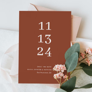 Deep Terracotta Fall Wedding. Minimalist Rust Clay Save The Date