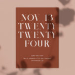 Deep Terracotta Wedding | Fall Minimalist Modern Save The Date<br><div class="desc">Announce your wedding date with warm, modern elegance using this minimalist Save the Date card in deep terracotta (also known as rust clay). The full worded date layout creates a bold, editorial statement, while the simple typography keeps the design clean and timeless. The earthy terracotta tone adds a cozy, sophisticated...</div>