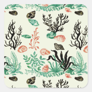 Deep Tropical Ocean Sea Coral Seashell Watercolor Square Sticker