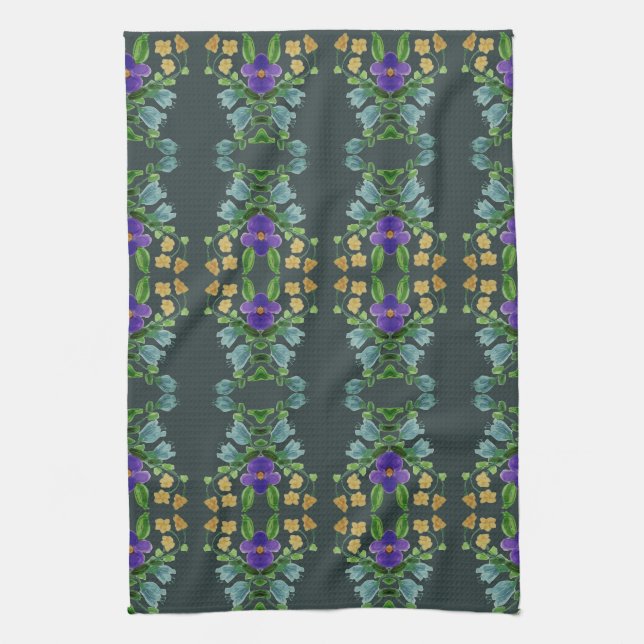 Deep Turquoise Floral Kitchen Towel (Vertical)
