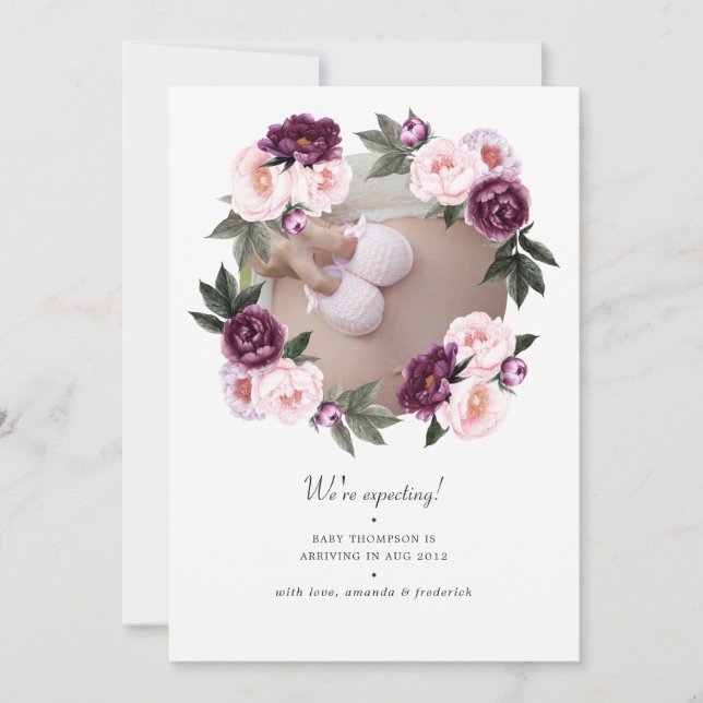 Deep Velvet and Blush Pink Floral Photo Pregnancy Announcement (Front)