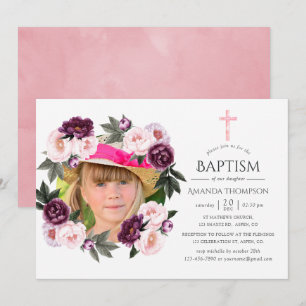 Deep Velvet and Bush Pink Baptism or Christening Invitation