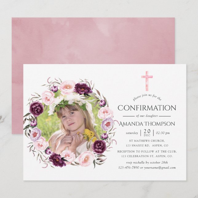 Deep Velvet and Bush Pink Confirmation Invitation (Front/Back)