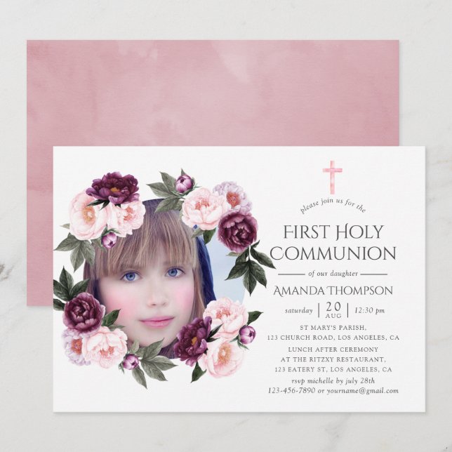 Deep Velvet and Bush Pink Floral First Communion Invitation (Front/Back)