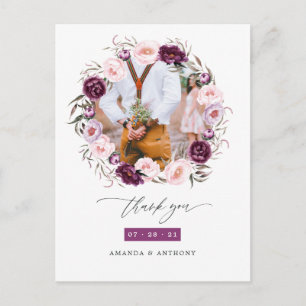 Deep Velvet & Blush Pink Floral Wedding Thank You Postcard