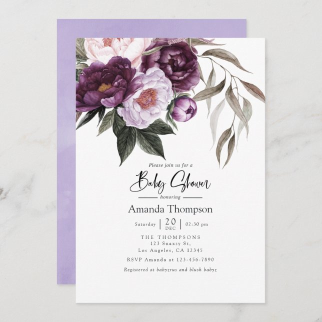 Deep Velvet Floral Baby Shower Invitation (Front/Back)