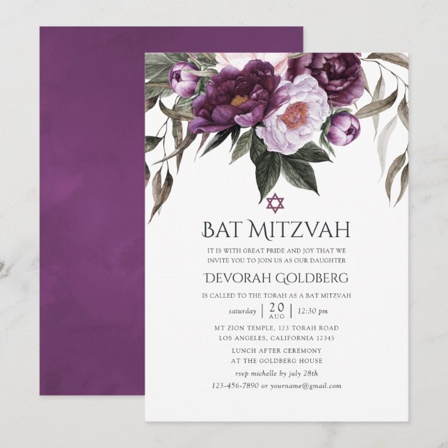 Deep Velvet Floral Bat Mitzvah Invitation (Front/Back)
