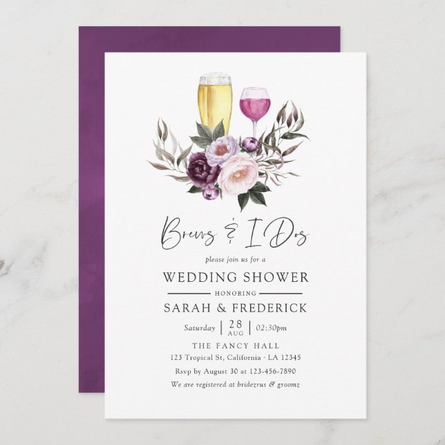 Deep Velvet Floral Brews Before The I Dos Invitation (Front/Back)