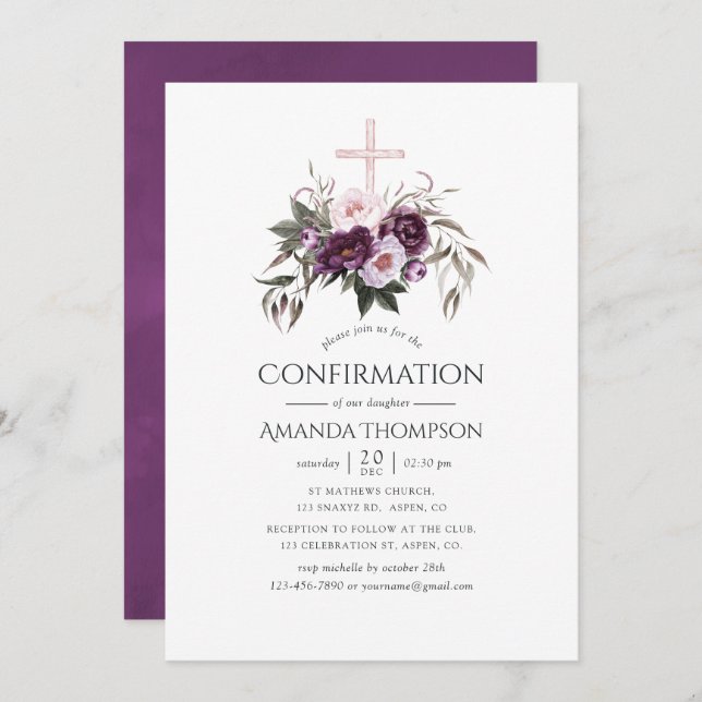Deep Velvet Floral Confirmation Invitation (Front/Back)