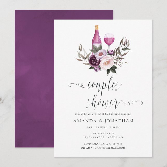 Deep Velvet Floral Couples Shower Wine Tasting Invitation (Front/Back)