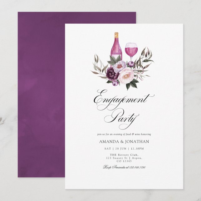 Deep Velvet Floral Engagement Party Wine Tasting Invitation (Front/Back)