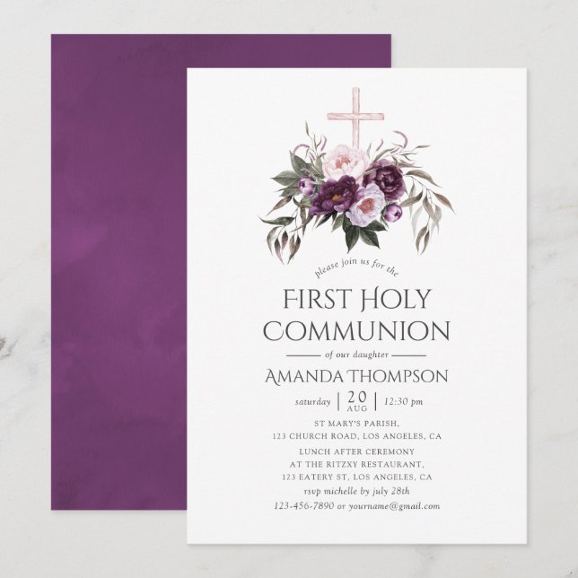 Deep Velvet Floral First Holy Communion Invitation (Front/Back)