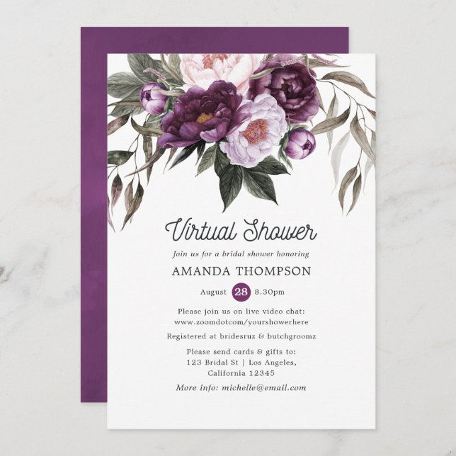 Deep Velvet Floral Virtual Bridal Shower Invitation (Front/Back)