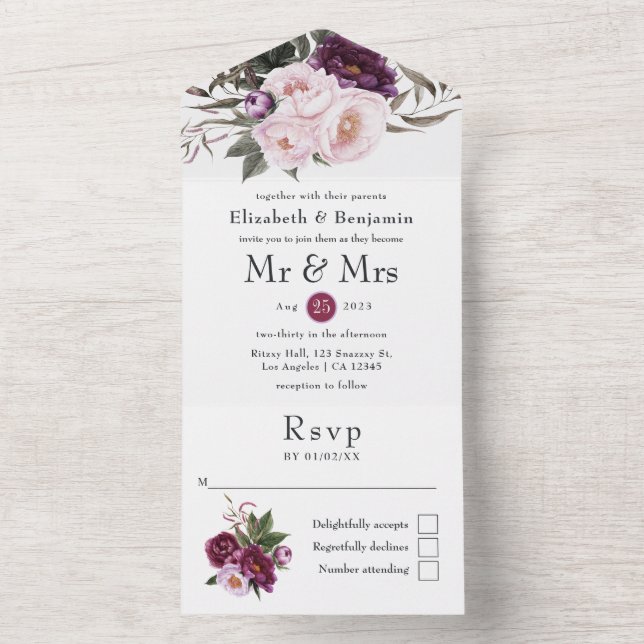 Deep Velvet Floral Wedding All In One Invitation (Inside)