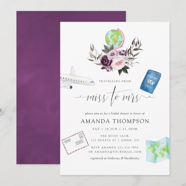 Deep Velvet Travel From Miss To Mrs Bridal Shower Invitation (Front/Back)