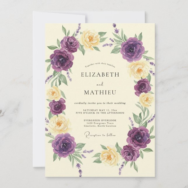 Deep Violet Cream Ranunculus Eucalyptus Wedding Invitation (Front)