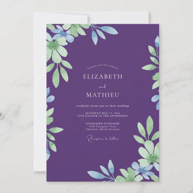 Deep Violet Foliage Eucalyptus Wedding Invitation (Front)