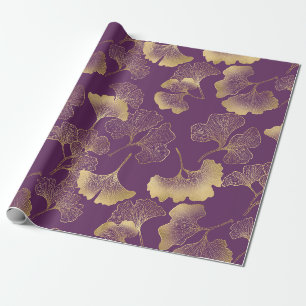 Deep Violet Gold Ginkgo Botanical Wrapping Paper