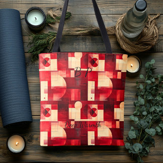 Deep Warmth Abstract – Red, Cream, Black Geometric Tote Bag