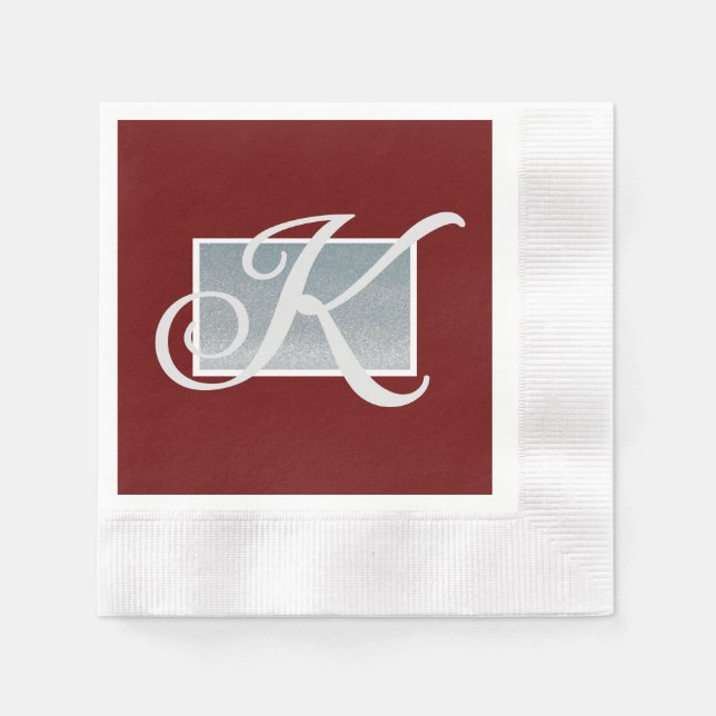 Deep Wine and Silver Monogram Paper Napkins (Front)