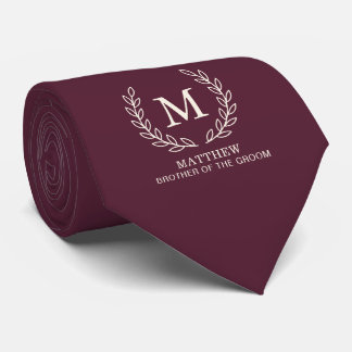 Deep Wine Brother of the Groom Monogram Wedding Tie