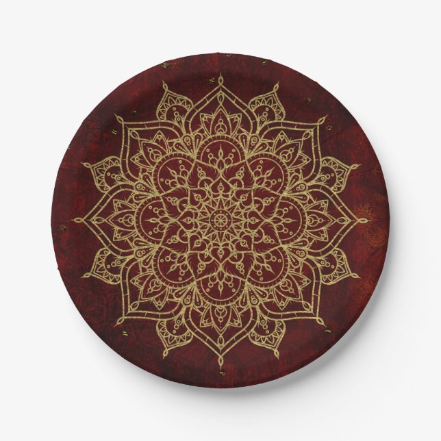 Deep Wine Red Mandala & Gold Glam Modern Chic Paper Plate (Front)