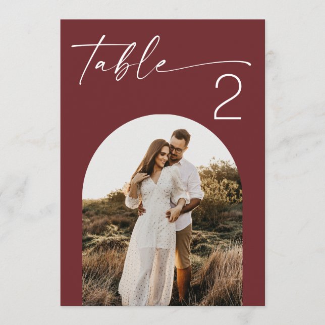 Deep Wine Red Modern Photo Wedding Table Number (Front)