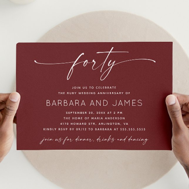 Deep Wine Red Ruby Wedding. 40th Anniversary Photo Invitation (Creator Uploaded)