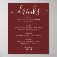 Deep Wine Red Wedding Drinks Menu. Modern Bar Sign
