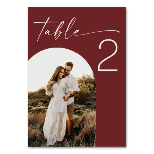 Deep Wine Red Wedding   Modern Elegant Arch Photo Table Number