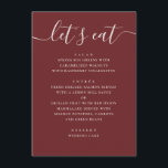 Deep Wine Red Wedding | Modern Romantic Evening Menu<br><div class="desc">This wedding menu card features a clean, modern layout with a script heading and neatly organized courses, making it easy for guests to read at a glance. Each section is clearly structured, keeping the design minimal while still highlighting the full menu in a polished and balanced way. The deep wine...</div>