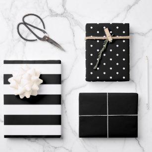 Deepest Black Polka Dot Wide Striped and Solid Wrapping Paper Sheet
