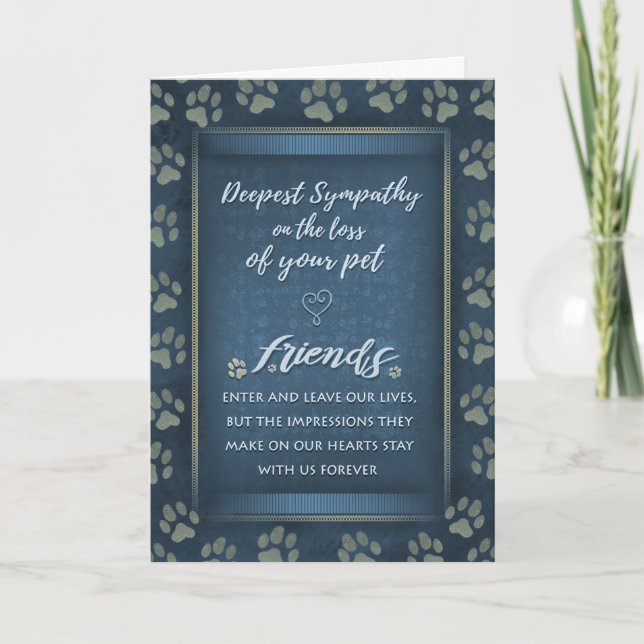 Deepest Sympathy Pet Loss  Blue & Gold Paw Prints Card (Front)