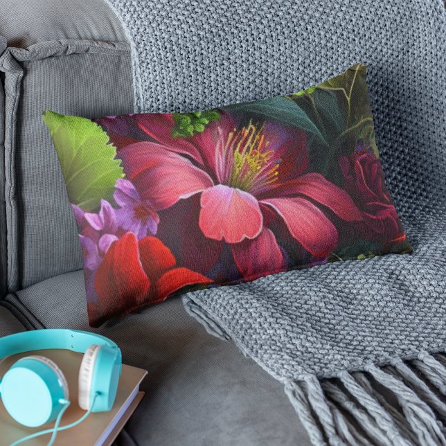 Deeply Red Hibiscus with Greenery Floral Pattern Lumbar Pillow (Hibiscus and flowers adorn this lumbar pillow in bright red, purple and green. )