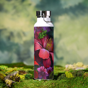 Deeply Red Hibiscus with Greenery Floral Pattern Water Bottle