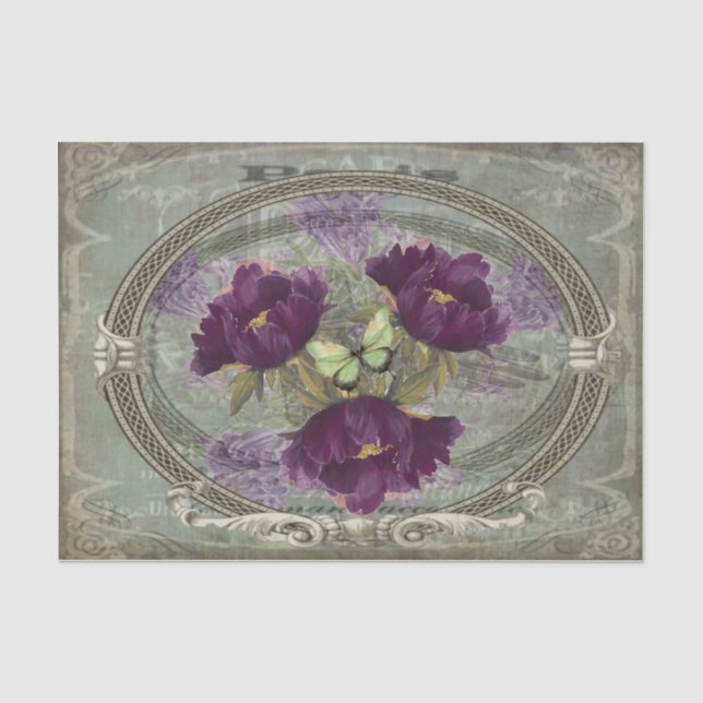 Deeply Rich Large Purple Flowers, Green Butterfly Tissue Paper (Front)