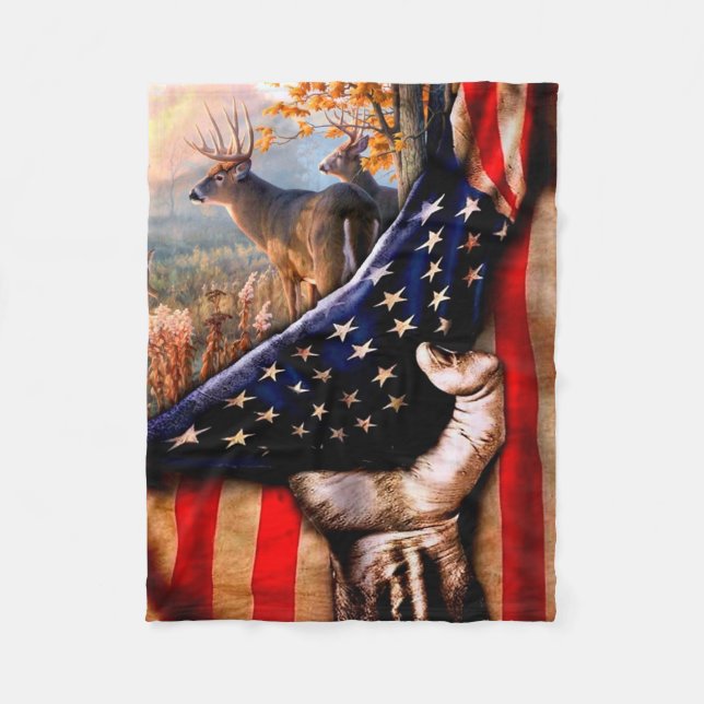 Deer American Flag Blanket, Fleece Blanket (Front)