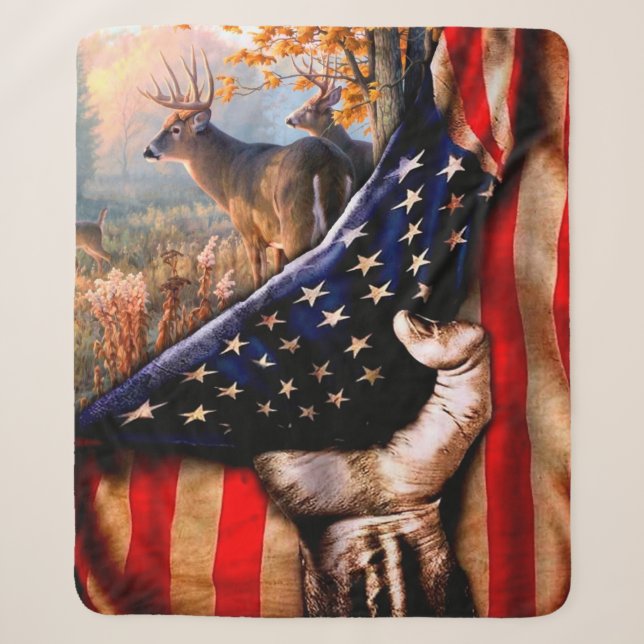 Deer American Flag Blanket, Sherpa Blanket (Front)