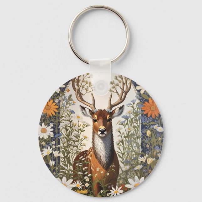 Deer Amid Daisy Flowers  Keychain (Front)