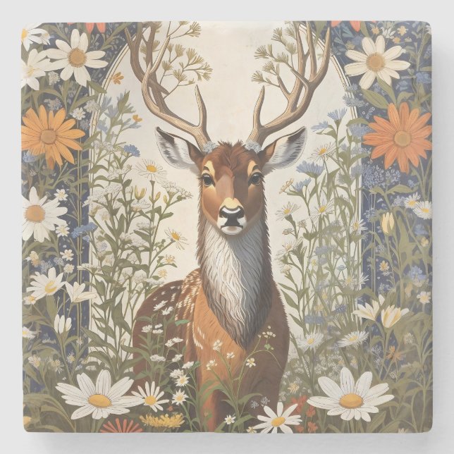 Deer Amid Daisy Flowers  Stone Coaster (Front)