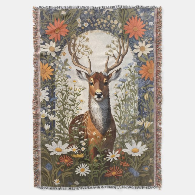 Deer Amid Daisy Flowers  Throw Blanket (Front Vertical)